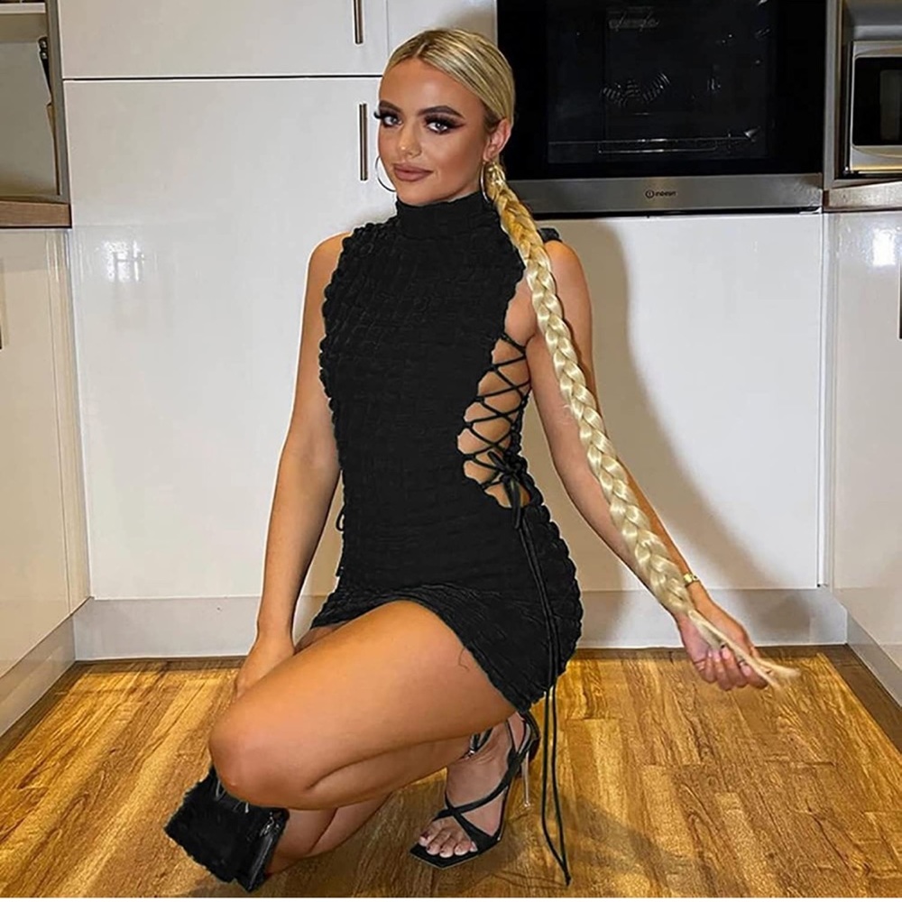 Women's Mini Dress High Neck Sleeveless Lace Bodycon Party Clubwear Dresses